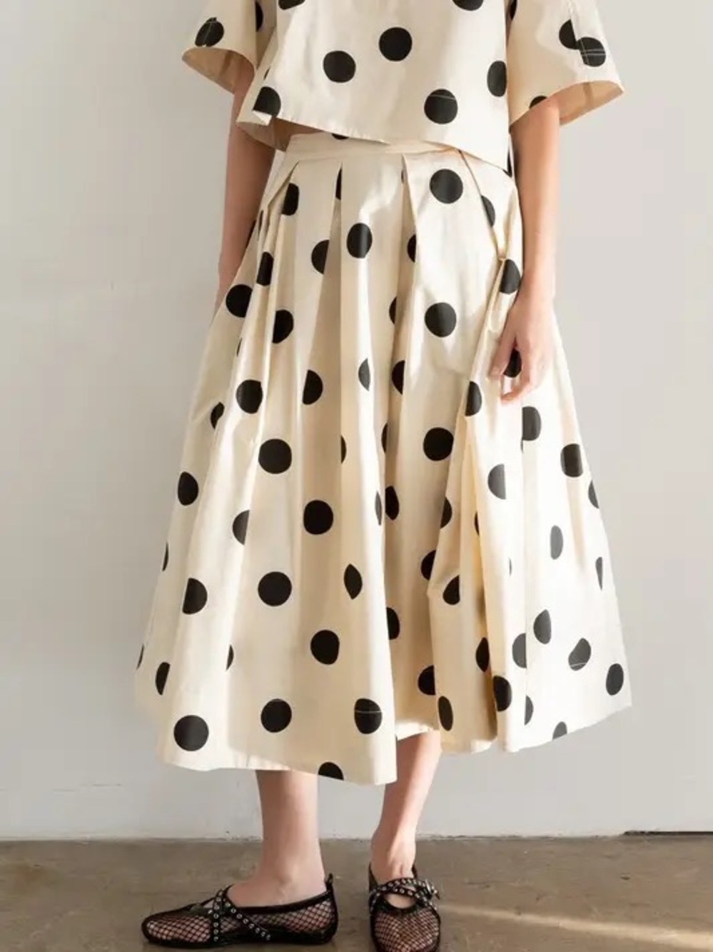 Heyson Parisian Polka Dot Pleated Midi Skirt  Cream and Black L